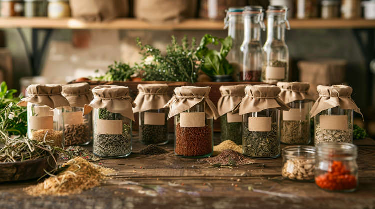Beschriftete Samentüten und Einmachgläser mit Gemüse-, Blumen-, Obst- und Kräutersamen für die nächste Saison — Seedschoice.com
