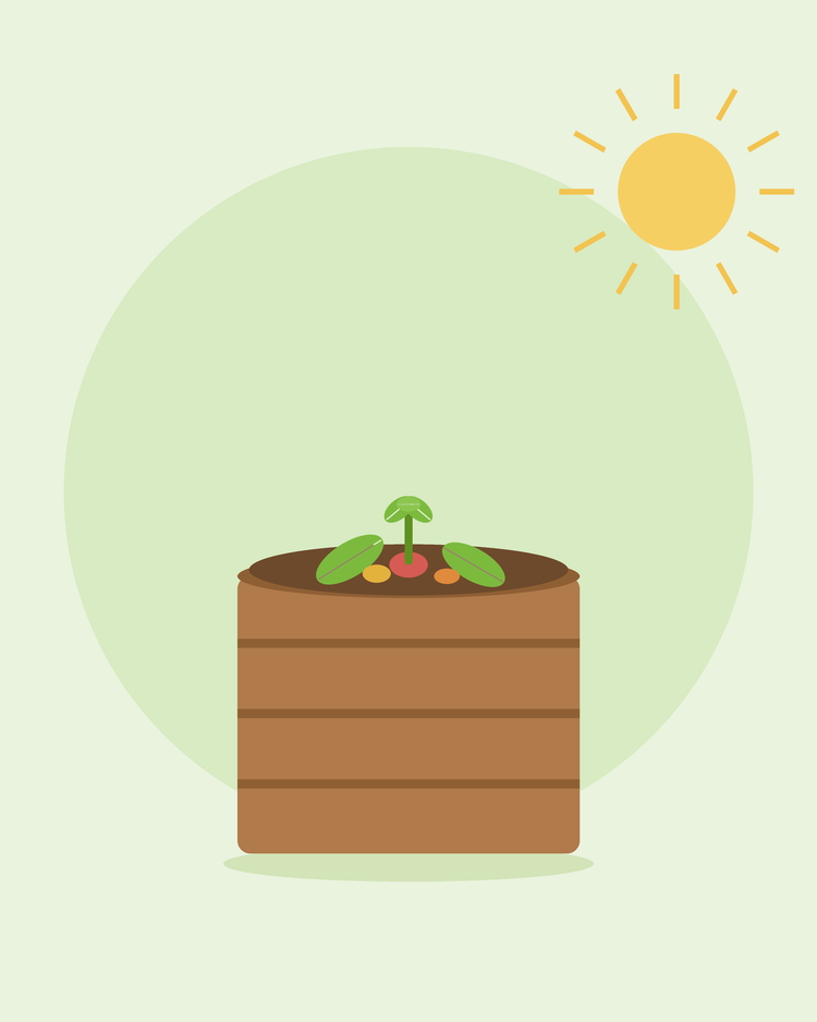Flache Illustration einer hölzernen Kompostkiste mit Küchen- und Gartenabfällen — Kompostieren für Einsteiger, von SeedsChoice