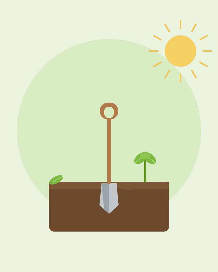 Flache Illustration eines Spatens in vorbereiteter Erde mit einem Sämling — Ihren Boden vorbereiten, von SeedsChoice