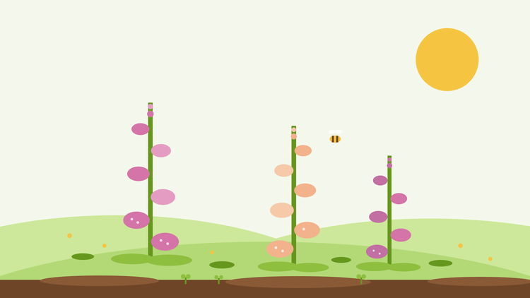 Fingerhut aus Samen ziehen – flache Illustration von rosa und pfirsichfarbenen Fingerhut-Blütenähren mit einer Hummel in einem grünen Garten, von SeedsChoice