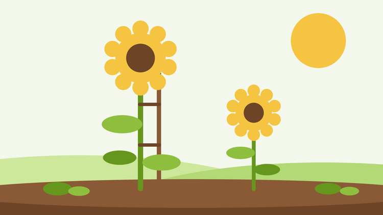 Sonnenblumenpflege — flache Illustration einer hohen Sonnenblume, die an einem Holzpfahl befestigt ist, neben einer kleineren Sonnenblume in einem sonnigen Garten
