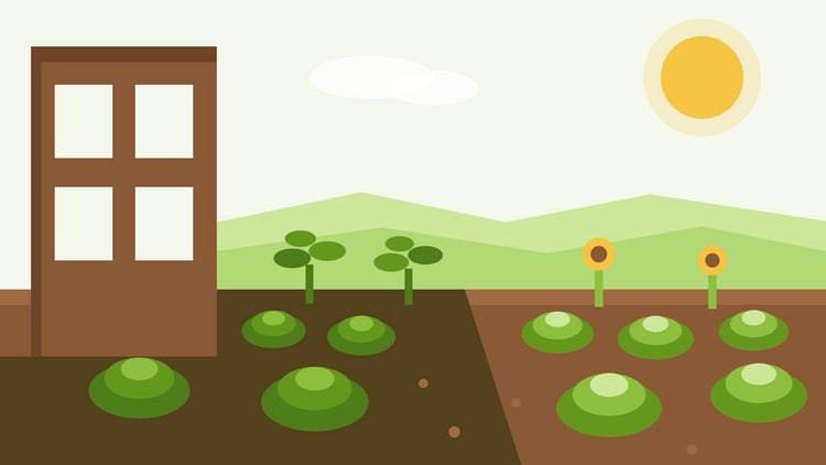 Was im Schatten wächst — flache Illustration eines Gartenbeetes, das halb im Schatten einer Mauer liegt, mit Blattgemüse im Schatten und Sonnenblumen in der Sonne