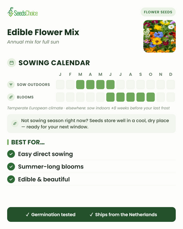 Aussaatkalender für Edible Flower Mix im gemäßigten europäischen Klima: Direktsaat März bis Juni, Blüte Juni bis Oktober; Samen bleiben bis zur nächsten Aussaatsaison keimfähig