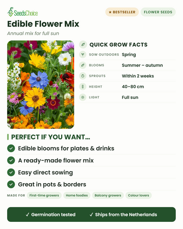 Essbare Blumenmischung – kurze Anbauinfos: Direktsaat im Frühling, Blüte von Sommer bis Herbst, Wuchshöhe 40–80 cm, volle Sonne — essbare Blüten für Teller und Getränke in einer praktischen Fertigmischung